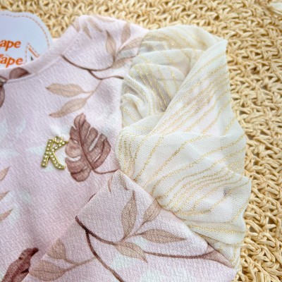 Conj. Blusa Folhagem  Manga Longa com Tule e Short - Rosa e Off White